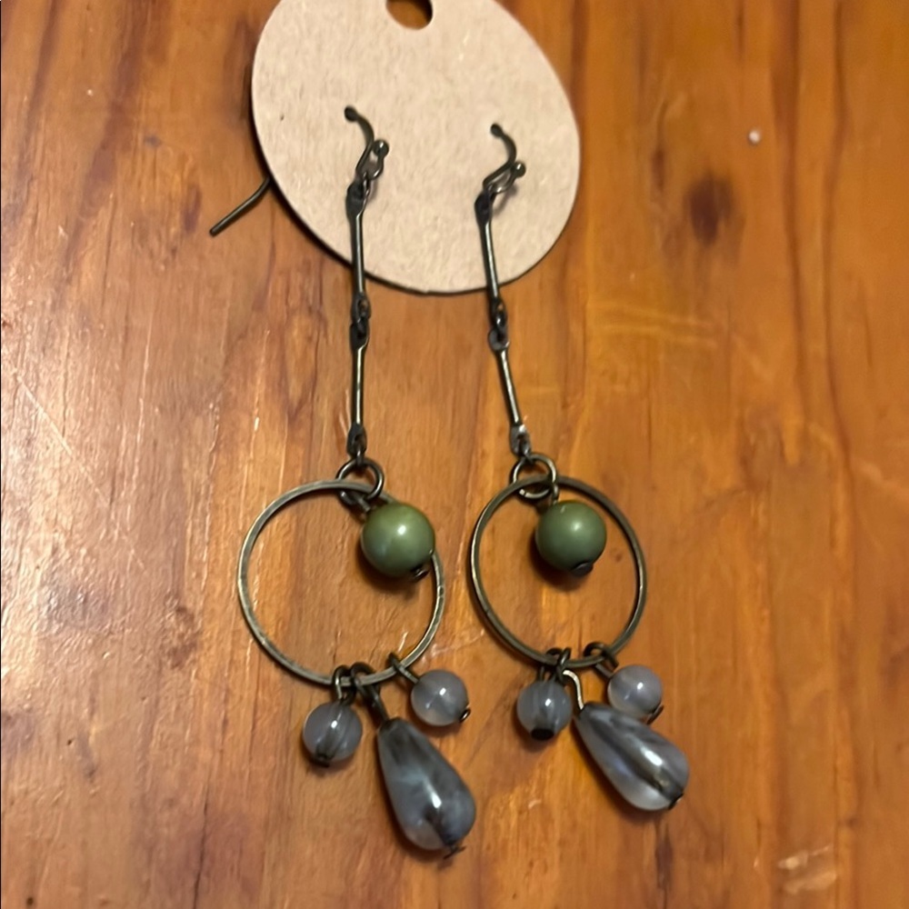 Green and Gray Dangle Earrings with Teardrop Charm